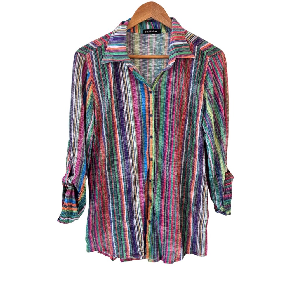 David Cline Crushed Snap Front Top L Striped Roll Tab Sleeve Art to Wear Crinkle